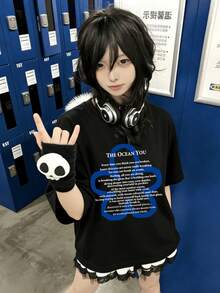 Nueva camiseta de manga corta con cuello redondo y estampado gráfico divertido, estilo petite de verano para mujeres Gen Z - Negro - Ver 4