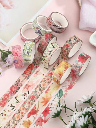 10 Rolls Of Pink Romantic Floral Patterned Washi Tape, 4 Meters Long Decorative Tape, For Gift Wrapping, Scrapbooking And Study Supplies Decorating, A Stylish Gift For Friends