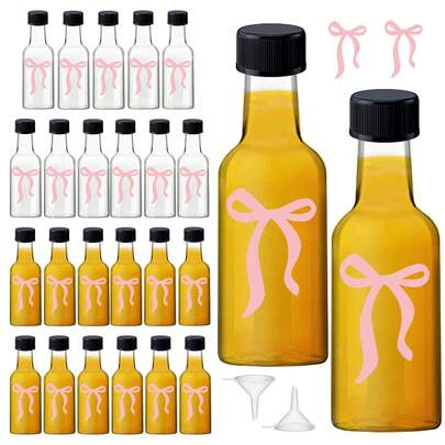 25 piezas de botellas de plástico de 25ml/50ml para licor, envases de bebida vacíos adecuados para campamentos de verano, con tapas de plástico negro y blanco y etiquetas negras, excelentes para viajes al aire libre, picnics, bodas y otras actividades de verano