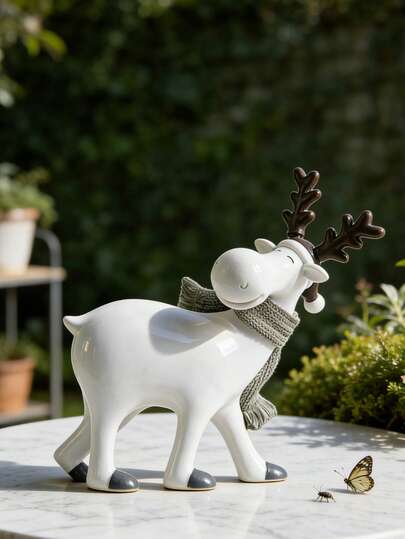 1件迷人白色树脂驯鹿摆件，配针织围巾——充满奇思妙想的家居装饰，适用于客厅、卧室或花园露台，趣味十足的瑜伽灵感设计，可爱的动物雕塑可提升桌面、书架或玄关的格调，完美契合北欧、波西米亚或极简主义的室内风格，是节日、乔迁或送给动物爱好者的理想礼物。
