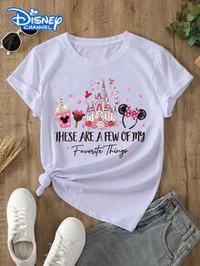 Disney Women's T-Shirt Features A Disney Castle Lettering Print Design Made From Soft, Comfortable, And Durable Fabric Spring/Summer Women's Crew Neck T-Shirt Perfect For Everyday Wear, Shopping, Parties, Travel, And Gatherings Also Makes An Exquisite Gift - 白色 - 查看 1