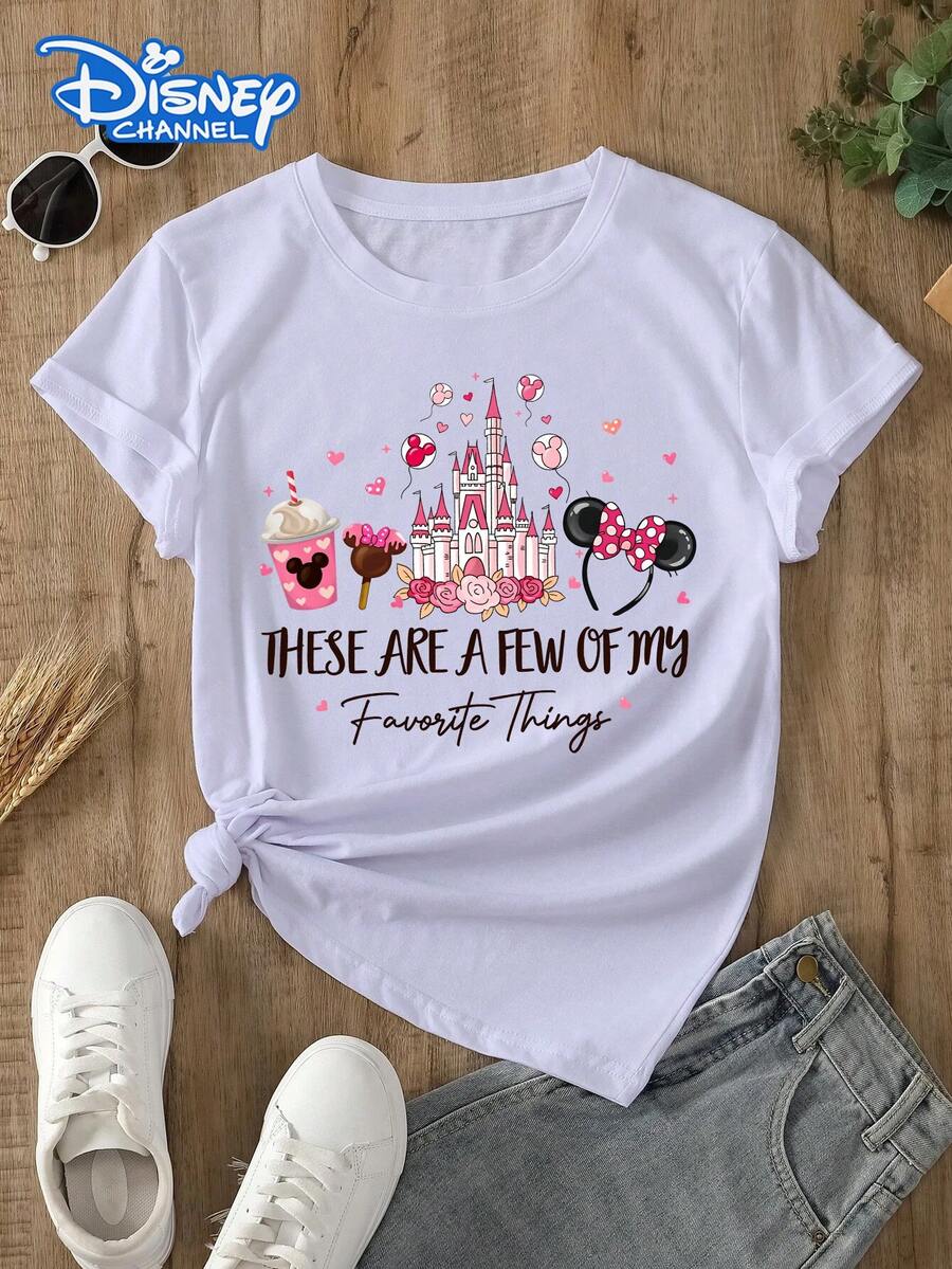 Disney Women's T-Shirt Features A Disney Castle Lettering Print Design Made From Soft, Comfortable, And Durable Fabric Spring/Summer Women's Crew Neck T-Shirt Perfect For Everyday Wear, Shopping, Parties, Travel, And Gatherings Also Makes An Exquisite Gift - 白色 - 查看 1
