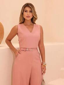 Linen Set With Wide-Leg Pants And V-Neck - Coral Pink - View 3