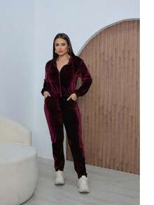 Women's Crystal Velvet Set With Hood And Zipper, Pants With Pocket, Cold Weather, Autumn/Winter - 酒紅色 - 查看 3