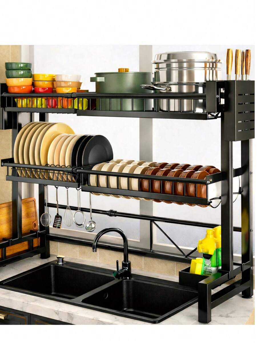 Organizador expandible para fregadero de cocina, Rejilla multifuncional para secar platos, Estante para almacenar tazones y platos en la encimera - negro - Ver 1