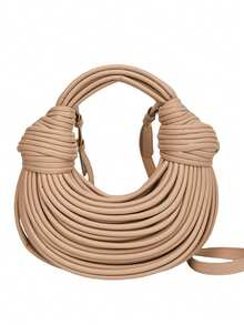 Women's New Luxury Gold Designer Brand Handmade Woven Noodle Drawstring Shoulder Bag & Clutch, Fashionable & Unique, Gift For Her - Khaki - View 6