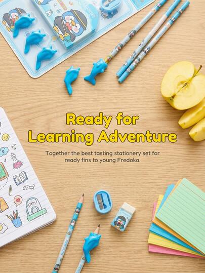 1set Cartoon Stationery Set, With 1Pencil Sharpener, 3 Pencils, 1 Eraser, 3Pen Grips, Suitable For Student And Office Use, The Perfect Gift, Stationery Gift Box, School Stationery, School Supplies, Stationery Items, School Accessories