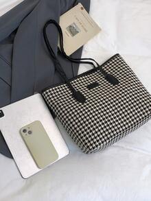 Houndstooth Large Capacity Shoulder Bag, Fashionable Minimalist Tote Bag, Versatile For Commuting And Daily Use - Black - View 6