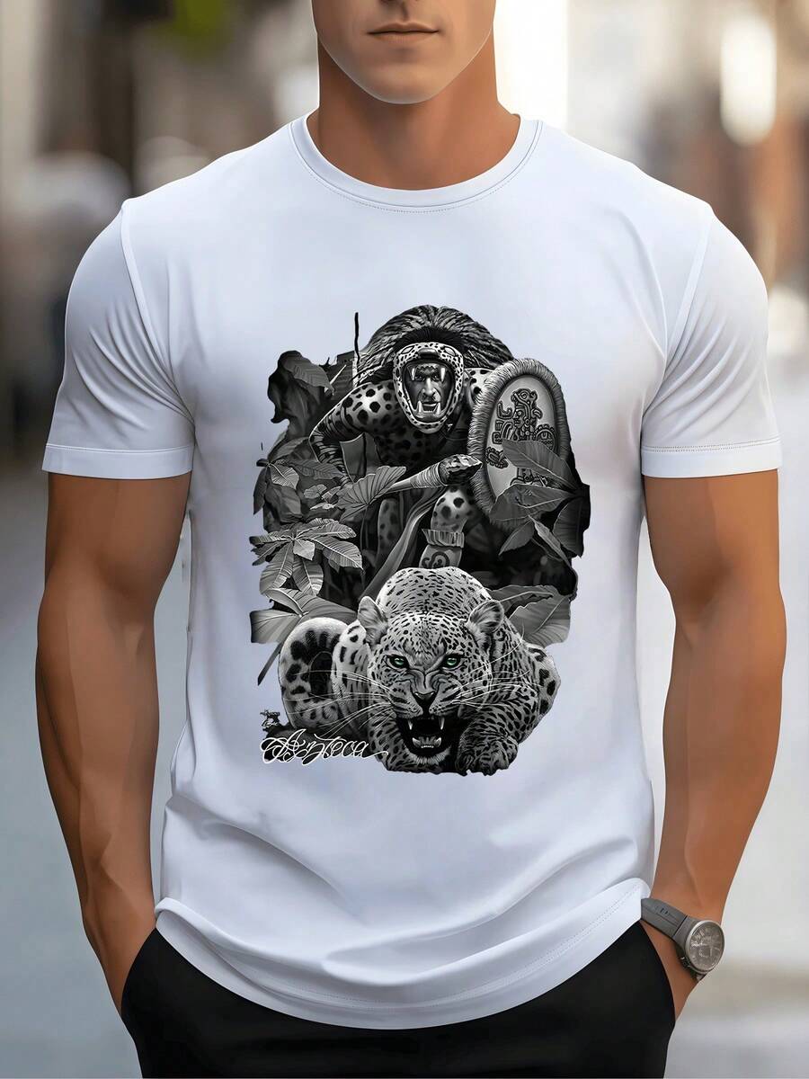 Jaguar feroz rodeado de hojas tropicales simbolizando fuerza salvaje y espíritu indomable del bosque con detalles artísticos y mirada intensa que refleja poder y conexión con la naturaleza camiseta de hombre moderna cómoda y atractiva para uso diario - Blanco - Ver 1