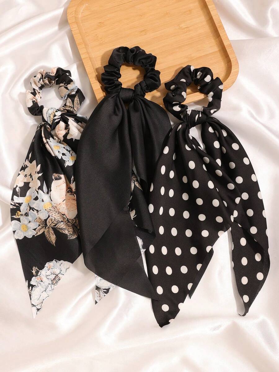 3件套缎面纯色波点黑色三角巾套装，飘逸头饰发饰马尾发圈发绳发圈发绳发圈发饰美容家居卧室装饰