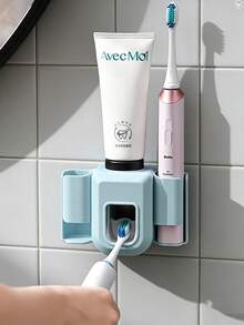 1个牙膏挤压器 - 可容纳2支牙刷和1支牙膏，自动牙膏分配器，牙刷架，DIY自粘式，含胶水 - 彩色 - 查看 5