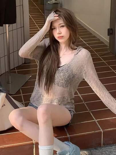 复古美式风格女式连帽针织罩衫，镂空长袖修身性感轻薄毛衣上装