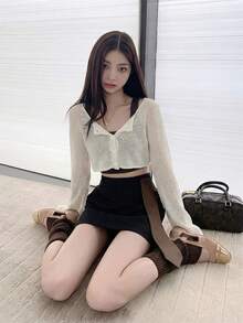 Women's Lightweight Hollow Out Cover Up, Short Crew Neck Open Front Long Sleeve Casual Crop Top, Spring/Summer - Apricot - View 4