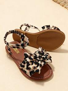 1 Pair Girls' Summer Leopard Print Sandals, Open Toe Elastic Strap Flat Sandals, Big Bow Elastic Strap Summer Princess Shoes, Fashionable Outfit, Suitable For Daily Casual, Wedding, Party, Beach - Brown - View 3