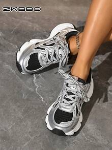 ZKBBO 女士舒适时尚厚底网球鞋，休闲跑步健身步行鞋 - 銀色 - 查看 3