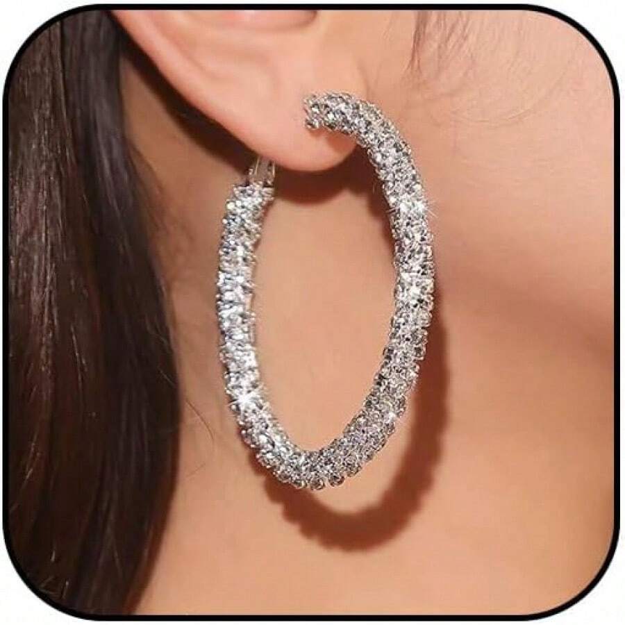 Large Rhinestone Hoop Earrings Bling Rhinestone Cubic Zirconia Sparkly Dangle Hoops Formal Prom Earrings Jewelry For Women - Silver - View 1