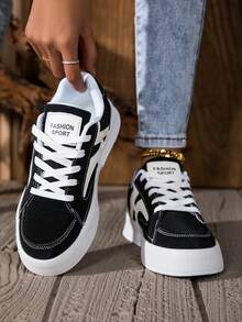 女士纯色休闲运动鞋，系带软底厚底滑板鞋，多功能低帮舒适运动鞋 - 黑色 - 查看 2