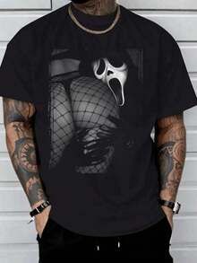 Halloween Retro Washed T-Shirt Scream Ghostface Heart Hands Graphic Tees Water Washing Print T-Shirt, Men's Vintage T-Shirt,Short Sleeves Crew Neck Top Tees, 230 Gram Cotton T Shirts, Holiday Gifts - 黑色 - 查看 2