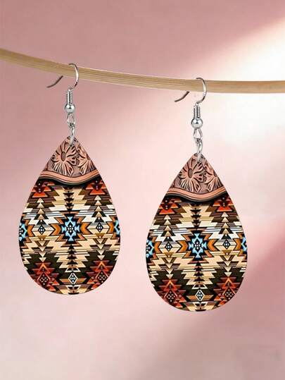 1 Đôi bông tai da PU kiểu cổ điển Bohemian họa tiết hoa dành cho nữ, in hai mặt, hình giọt nước nhẹ, hoàn hảo cho trang phục thường ngày và dự tiệc, quà tặng ngày lễ.