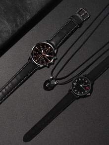 Set de 4 piezas: Cinturón casual y versátil de moda, relojes de cuarzo para pareja con collar colgante con corazón - Negro - Ver 5