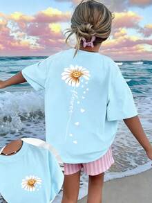 Tween Girls' Casual Graphic Print Crew Neck Short Sleeve T-Shirt, Summer Top - Baby Blue - View 3
