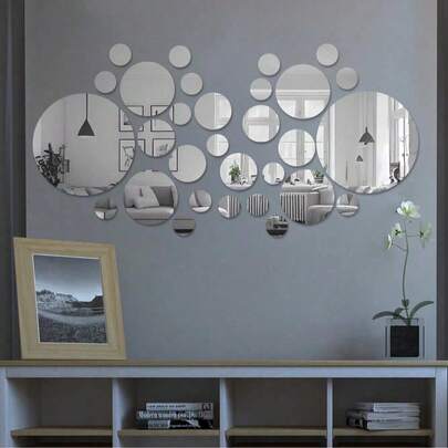 30pcs Silver Round Acrylic Geometric Mirror Wall Stickers, Removable Mirrors Decor For Living Room, Bedroom, Office And Windows