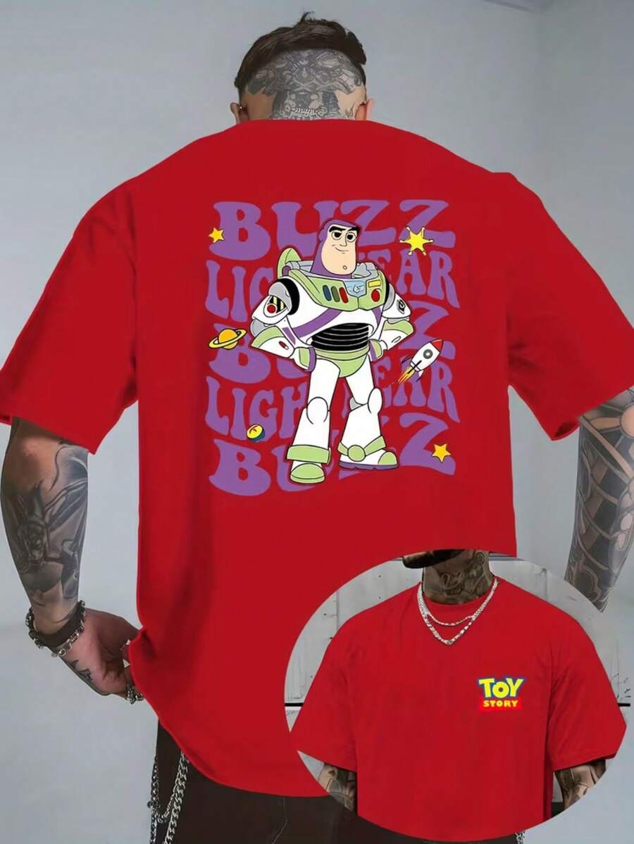 Authorized Disney Toy Story Buzz Lightyear Star Rocket Planet Printed Men's T-Shirts, T-Shirts For Leisure And Comfort, Breathable And Light, Fashionable Street Clothes, Men's Casual Shirts. - Red - View 1