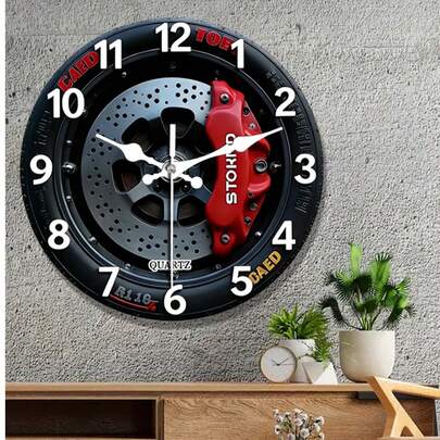 2D平面木质赛车主题挂钟，10/12英寸，现代设计，静音圆形挂钟，适用于卧室、客厅、办公室、厨房和浴室装饰（不含电池）