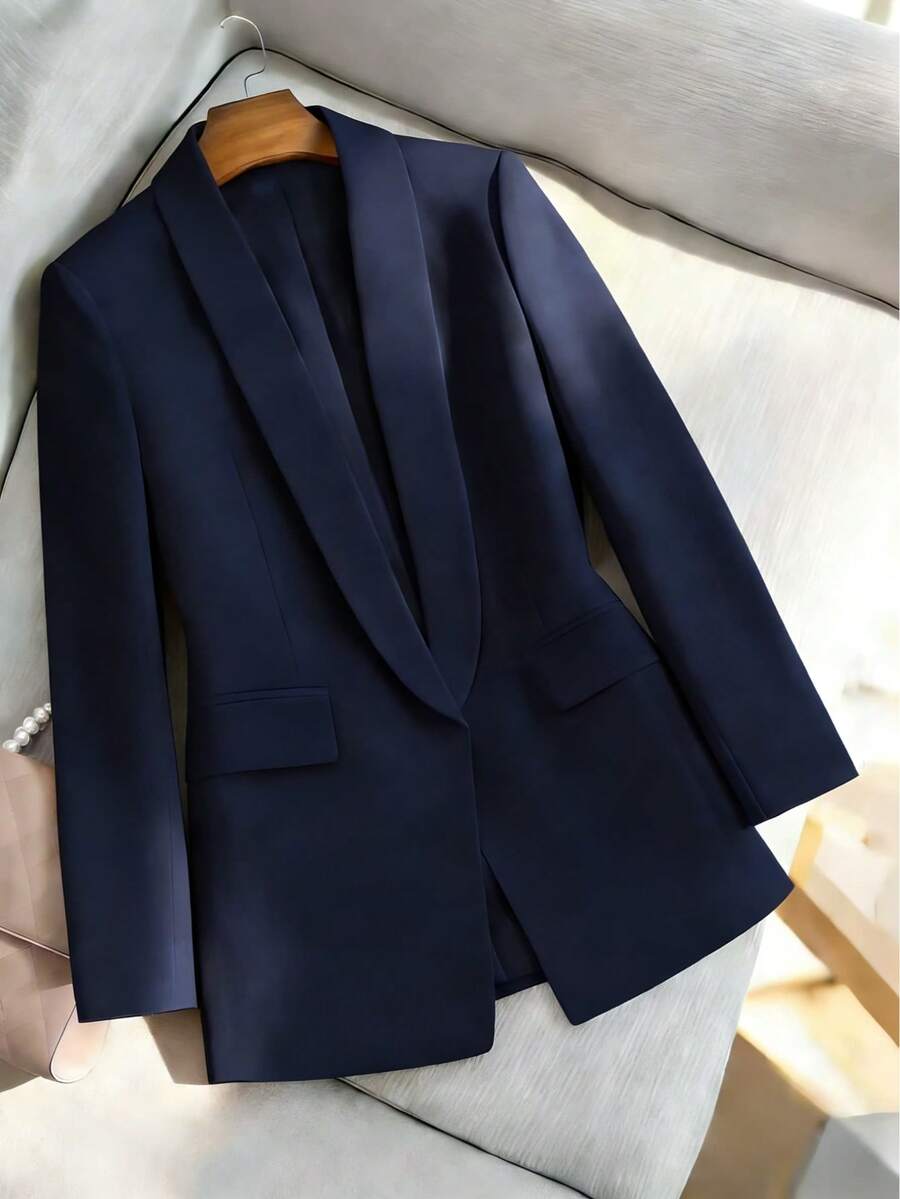 Maxi Lined Blazer, Open Dress Blazer With Pockets | Autumn & Winter - Navy Blue - View 1