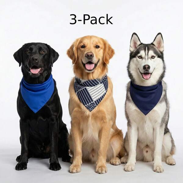 3 paquetes de pañuelos triangulares para mascotas con estampado geométrico de rayas, pañuelos de color azul marino sólido, baberos ajustables y lavables para perros grandes