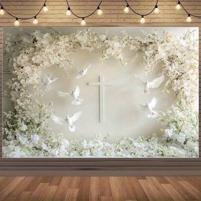1pc Elegant White Floral Cross Background Cloth With Dove And Flowers, Polyester Photography Backdrop, No Power Needed, First Communion Decor, Photo Background, Christmas Backdrop, For Photography