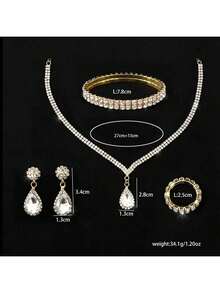 1 套经典时尚奢华全水晶泪珠项链、耳环、手链 4 件套首饰套装，适合派对和日常佩戴 - 金色四件套 - 查看 5