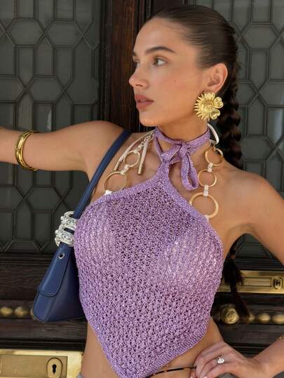 Nuevo estilo de verano SEREN Blusa de punto morada, espalda abierta sexy, estilo delgado, transparente, casual, vacaciones, playa, festival de música, top halter para mujer, conjunto de vacaciones de verano, ropa de vacaciones para mujer, conjuntos de vacaciones de verano, ropa de playa para vacaciones de mujer, blusa de verano, vacaciones, bohemio, sexy, cubrecuerpos para mujer, ropa de playa para mujer