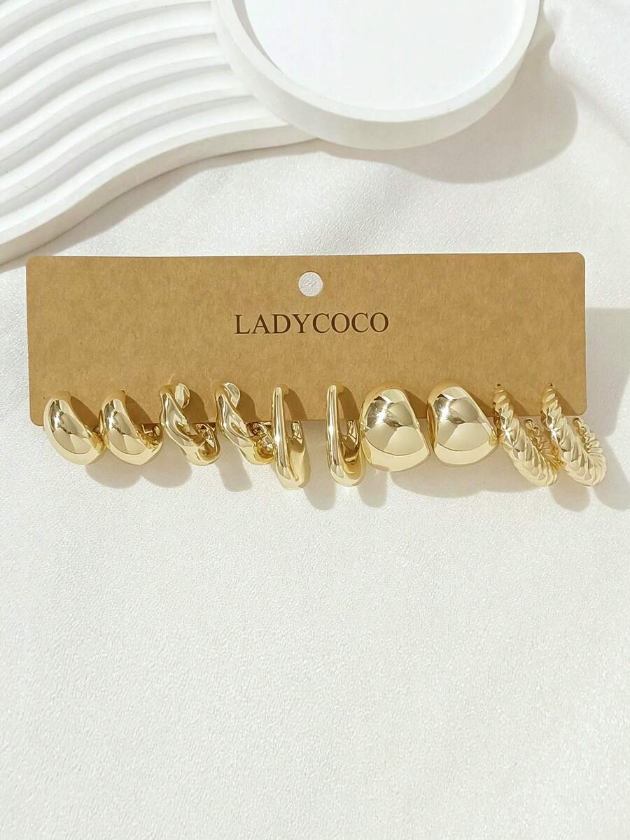 LADYCOCO 5对时尚优雅独特C形几何耳环，适合女性日常佩戴、约会、派对等场合，金色耳环套装