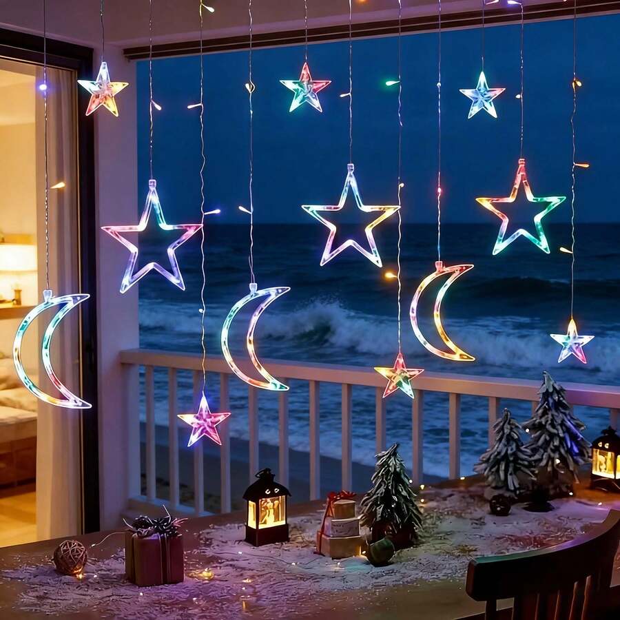Einstellbare Mond & Stern LED Vorhanglichter - Warme/bunte Lichterkette, Märchenstil, geeignet für Weihnachten, Valentinstag, Hochzeit, Ramadan, Gartendekoration