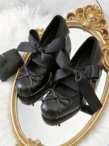 Elegant Cute Womens Ballet High Heels Round Toe Bow Decors Lace Up Block Heel Ballerina Dancing Shoes Party Dressy Occasions Heeled Shoes - 黑色 - 查看 6
