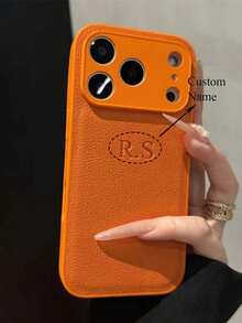 个性化DIY字母名字仿皮手机壳，兼容17/16/15/14/13/12/11 Pro Max Plus/17 Pro，镜头防震后盖 - 橘色 - 查看 2