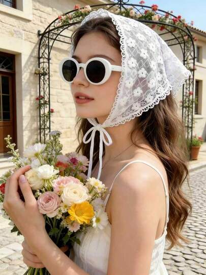 1pc Hollow Flower Milky White Scarf-Like Triangular Shawl, New Spring Fashion Accessory For Women, Can Be Used As Waistband, Bag Decor, Ribbon, Headband Or Scarf To Enhance Overall Styling