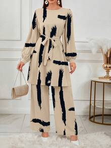 Conjunto de pantalones y blusa de manga larga con estampado total y cinturón, estilo árabe, para vacaciones de primavera - Multicolor - Ver 6