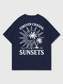 Fractyr 男士休闲度假街头风宽松短袖T恤 | 简约棕榈树和太阳字母印花 | 精致设计 | 夏季必备 | 百搭时尚 - 藏蓝色 - 查看 5