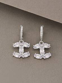 1 Pair Silver Earrings, Fashionable Elegant Minimalist Luxury 925 Sterling Silver & Copper Cubic Zirconia Pendant Earrings, Suitable For Women's Daily Wear - Silver - View 1