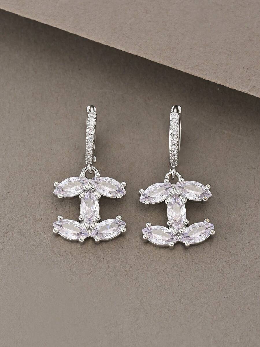 1 Pair Silver Earrings, Fashionable Elegant Minimalist Luxury 925 Sterling Silver & Copper Cubic Zirconia Pendant Earrings, Suitable For Women's Daily Wear - Silver - View 1