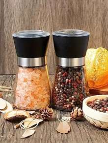 2件裝胡椒研磨器，陶瓷研磨芯，家用海鹽研磨器，玻璃香料研磨器，手動胡椒研磨器，香料研磨器，新包裝。可重複使用的香料瓶，適用於燒烤、野餐、露營、廚房用品，情人節禮物，廚房配件 - 黑色 - 查看 1