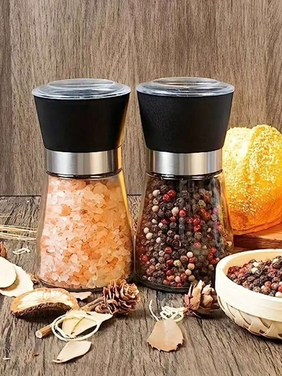 2件裝胡椒研磨器,陶瓷研磨芯,家用海鹽研磨器,玻璃香料研磨器,手動胡椒研磨器,香料研磨器,新包裝。可重複使用的香料瓶,適用於燒烤、野餐、露營、廚房用品,情人節禮物,廚房配件 - 黑色 - 查看 1