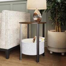 Small Round Side Walnut Coffee Table Bedside Stand With Fabric Storage Basket - Multicolor - Ver 1
