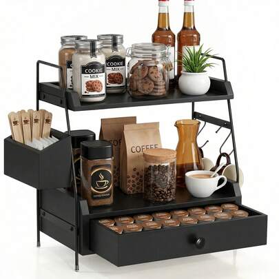 Coffee Station Organizer Countertop, 2 Tier Wooden Coffee Bar Accessories Shelf With Drawer & Mug Holder Hooks, Kitchen Spice Rack & Coffee Pod Storage For Home & Office-Black