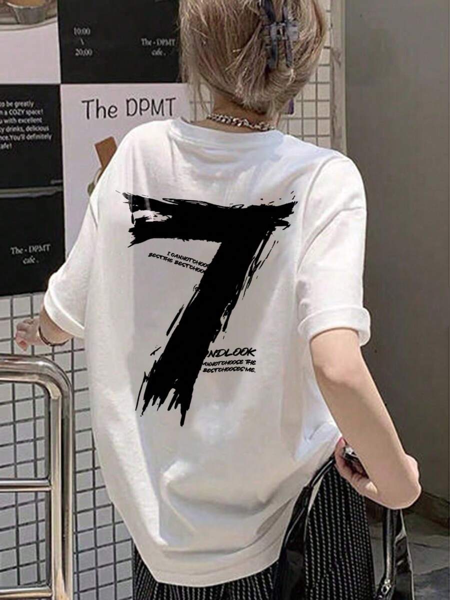 Japanese Style Women's Loose Round Neck Short Sleeve Letter & Number Print T-Shirt, Spring/Summer - White - View 1
