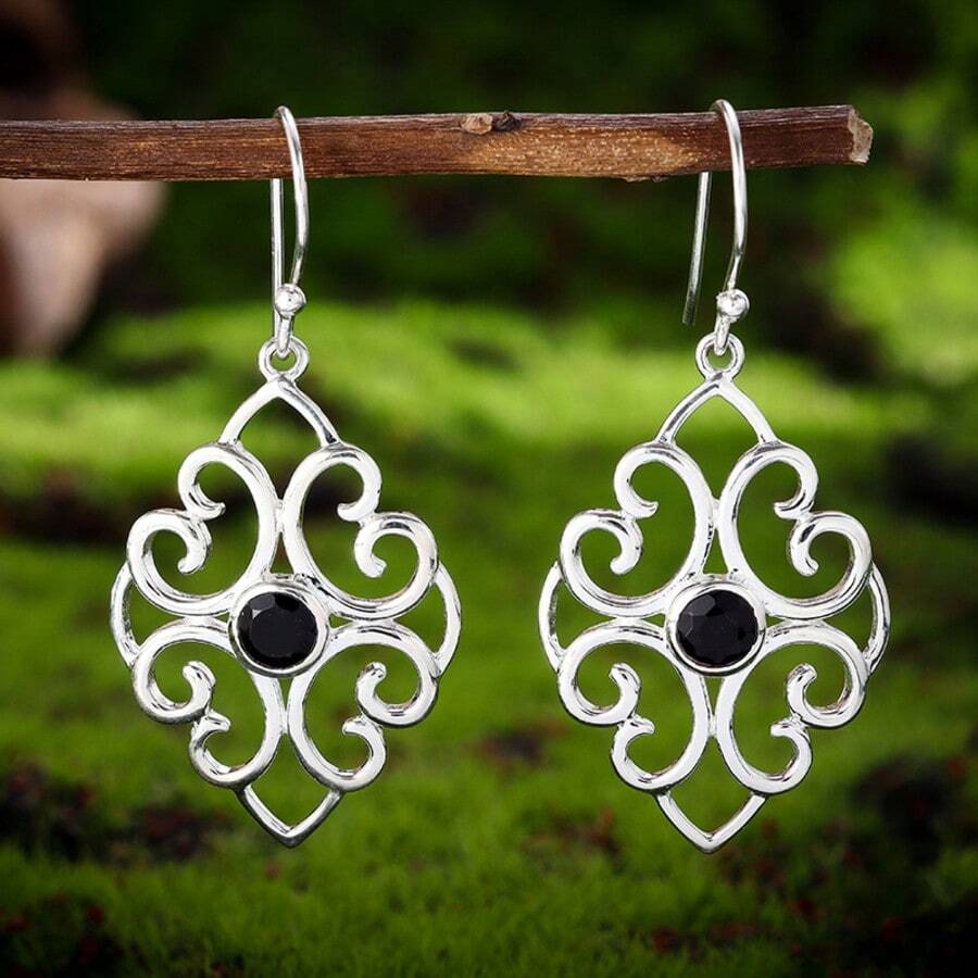 1 Đôi bông tai mặt dây chuyền kiểu cổ điển, bạc Sterling với đá mã não đen, trang sức phong cách Bohemian - Nhiều màu - Xem 1