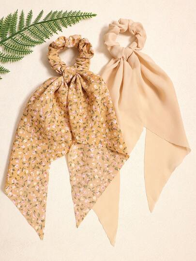 2pcs Solid Color & Ditsy Floral Triangular Scarf With Long Ribbon, Korean Style Casual Headband, Polyester, Suitable For All Seasons