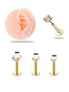 16G Stainless Steel Internally Threaded Zirconia Stud Earrings, Suitable For Ear Cartilage/Nose/Ear Rim/Lip Piercing - Ear Cartilage Earrings, Unisex, 2pcs/Set - Multicolor - View 5